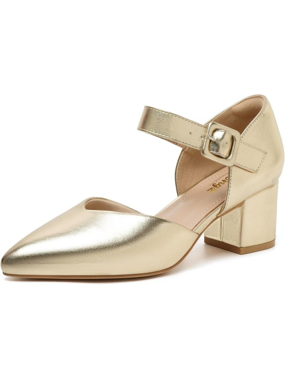 Women's Gold Pu Kitten Heel Pointed Closed Ankle Strap Buckle Slip On Shoes